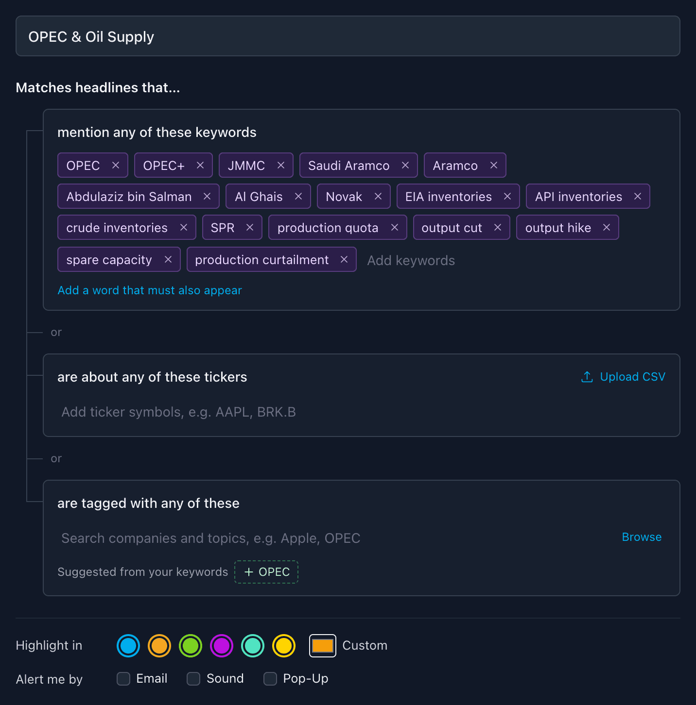 The OPEC & Oil Supply keyword list in the Newsquawk platform