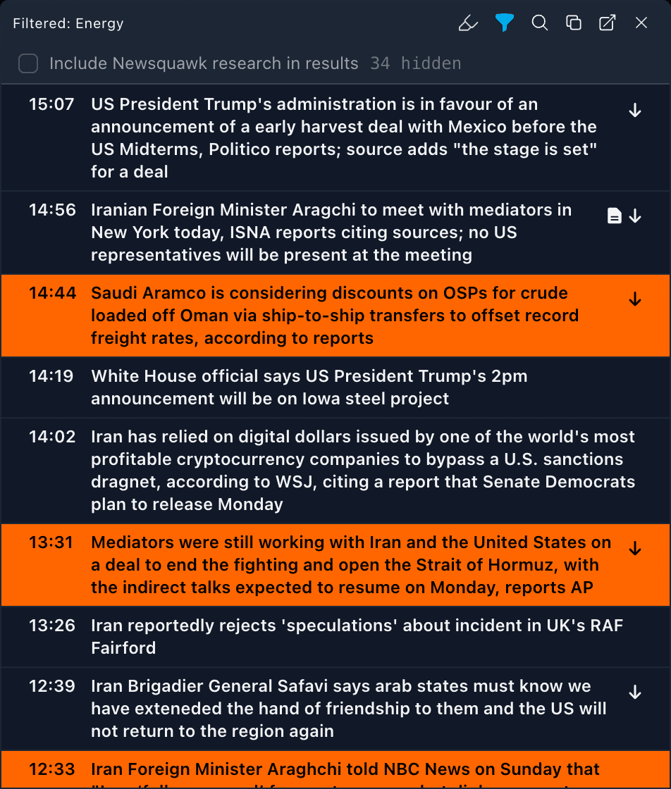 The Newsquawk headline feed filtered to Energy