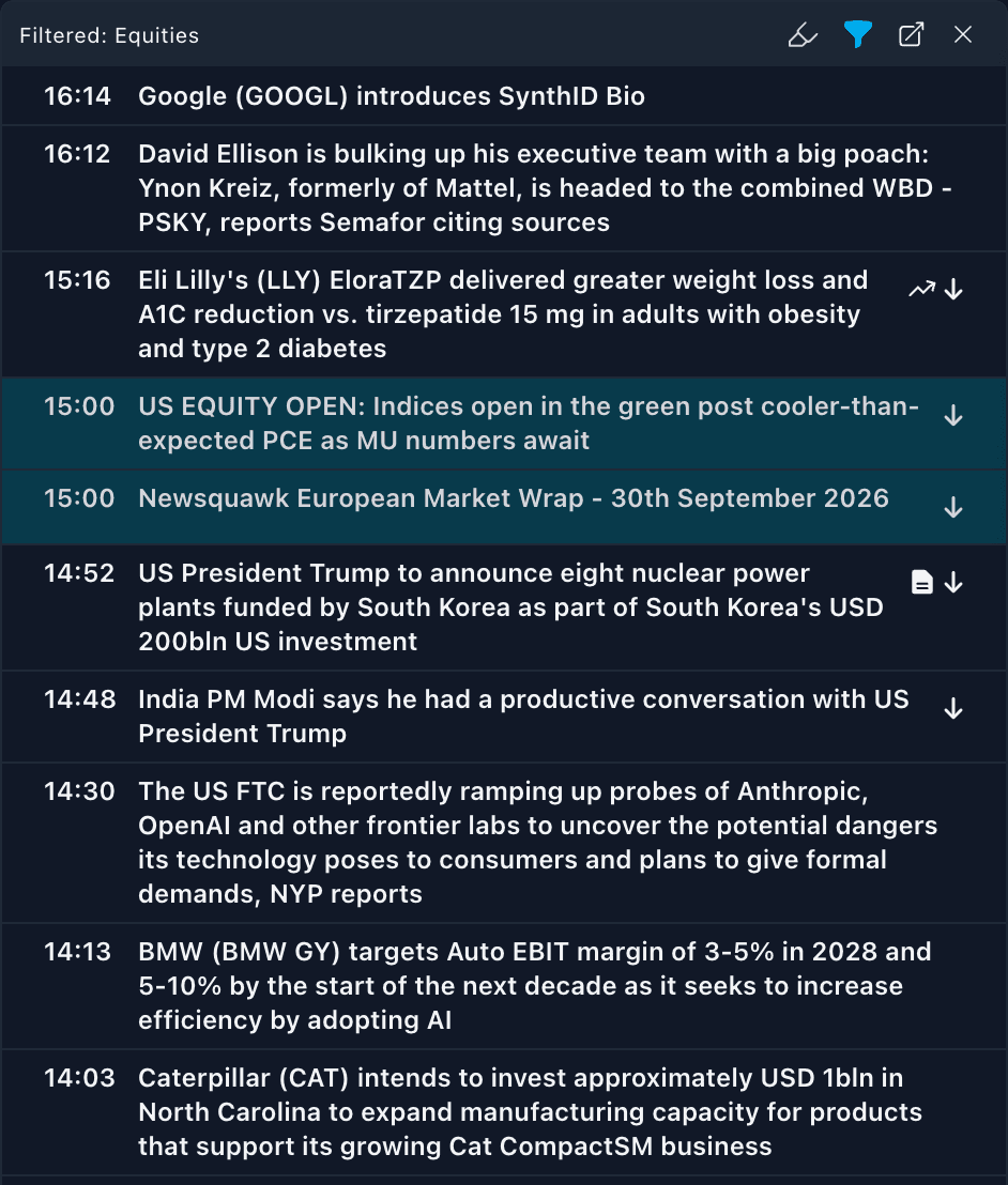 The Newsquawk headline wire filtered to Equities
