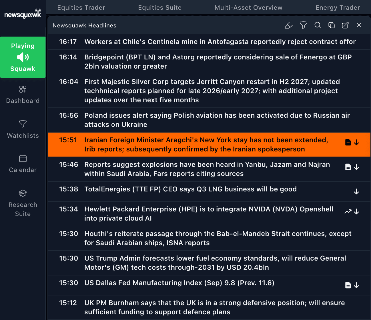 The Newsquawk platform with the Multi-Asset squawk playing beside the headline feed