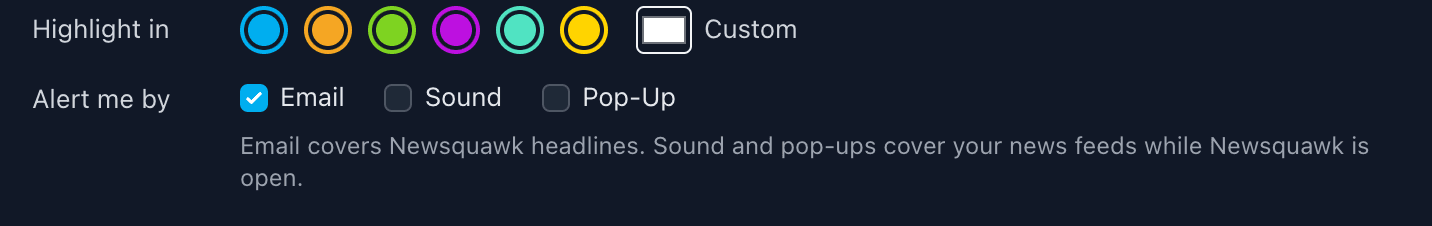 Watchlist settings: six highlight colours or a custom one, and email, sound and pop-up alerts