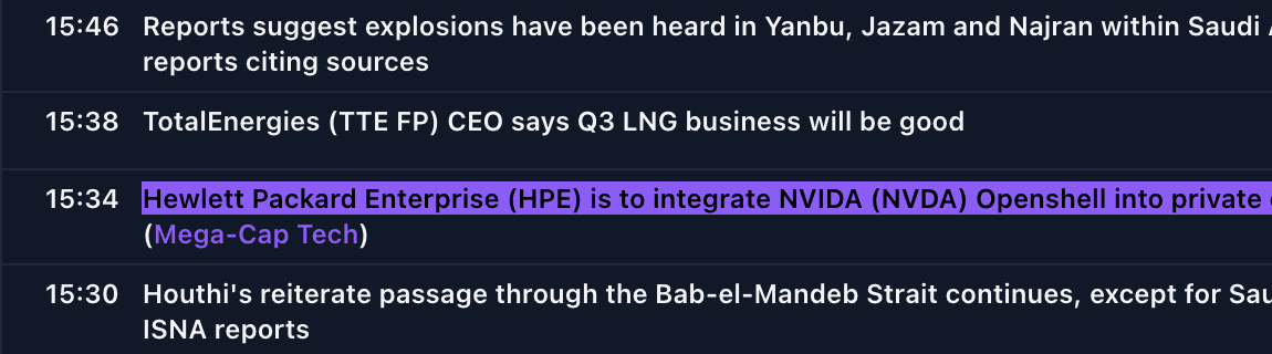 The Newsquawk headline wire with a headline on HPE and Nvidia highlighted in purple for the Mega-Cap Tech watchlist